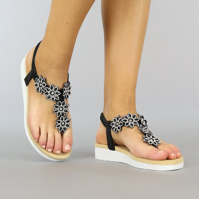 Schwarze Sandalen mit Glitzerblumen und Keilabsatz