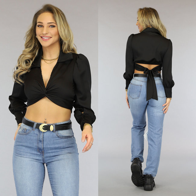 Schwarze Crop-Bluse mit Schleifendetail