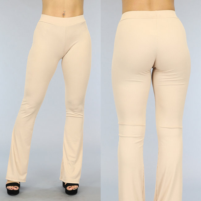 Beige Elastische Rippen-Flair-Hose