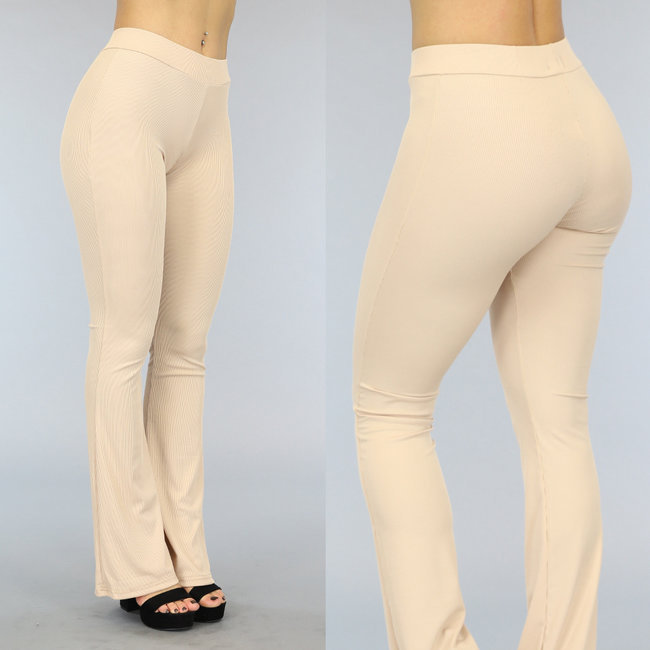 Beige Elastische Rippen-Flair-Hose