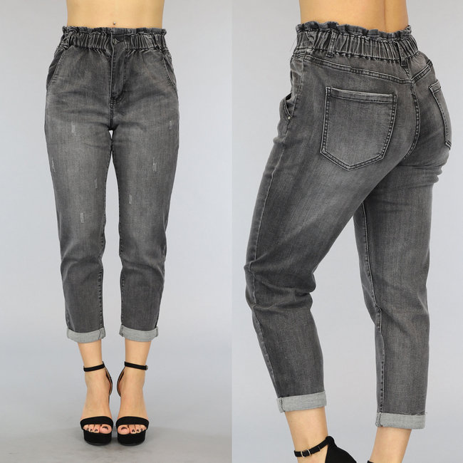 Graue Paperbag Jeans mit hoher Taille und Waschung
