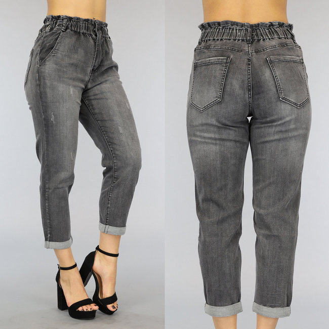 Graue Paperbag Jeans mit hoher Taille und Waschung