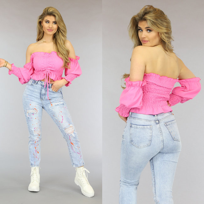 SALE Rosa Scrunch Crop Top mit schulterfreien Ärmeln