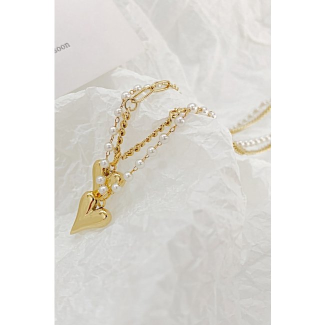 Doppel-V-Halskette aus Gold mit Perlen