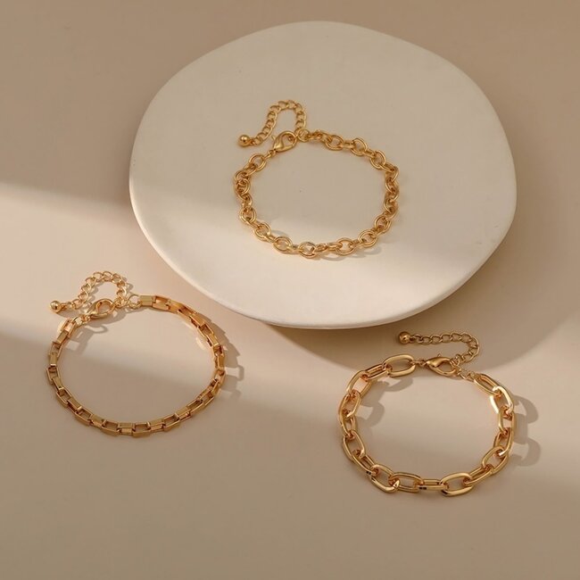 3-teiliges geometrisches Gliederarmband-Set Gold