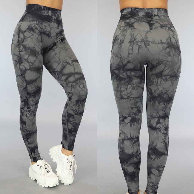 Schwarze Rippensport-Leggings in Marmoroptik