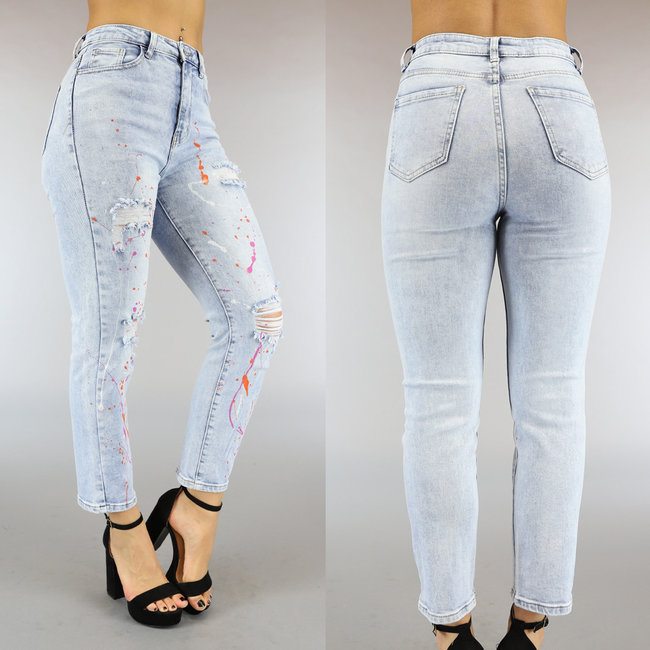 Straight Leg Jeans mit Rissen und Farbspritzern