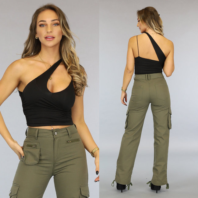 Schwarzes asymmetrisches Stretch-Top mit einer Schulter