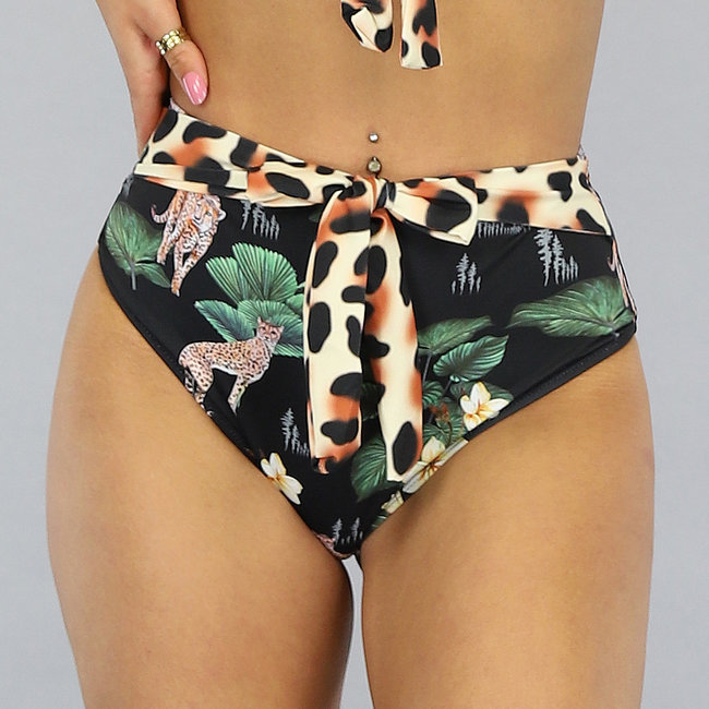 Blumen-Bikini-Unterteil mit Leopardenmuster und Knopfdetails