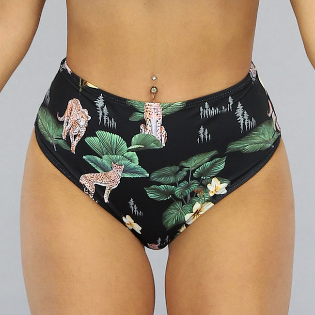 Blumen-Bikini-Unterteil mit Leopardenmuster und Knopfdetails