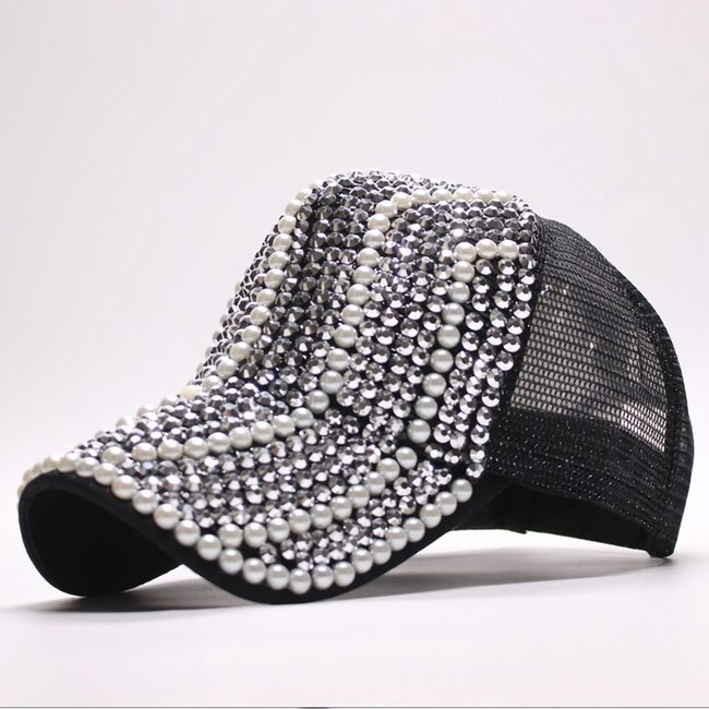 SALE50 Schwarze Kappe mit Strasssteinen und Perlen