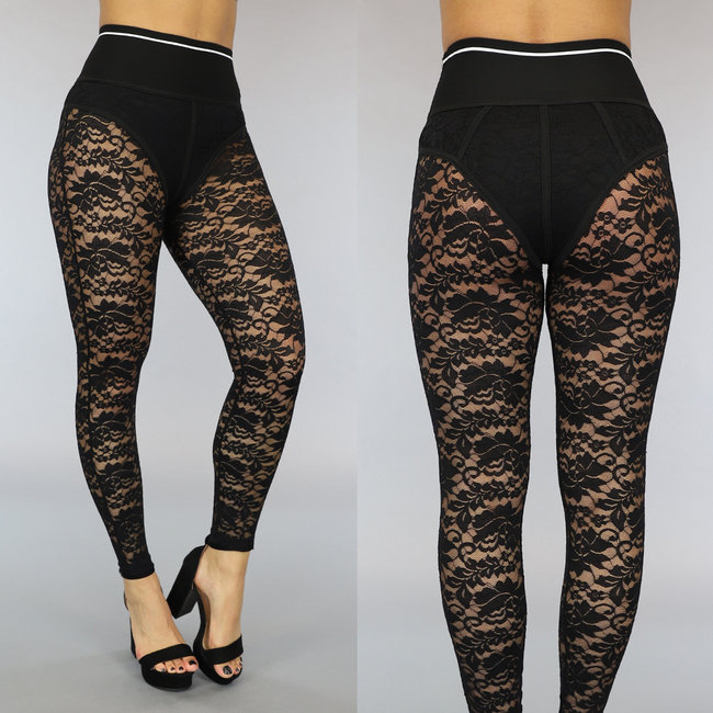 Schwarze Leggings mit hoher Taille und Spitze