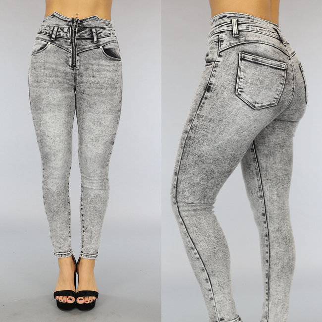Graue Jeans mit hoher Taille und Reißverschluss