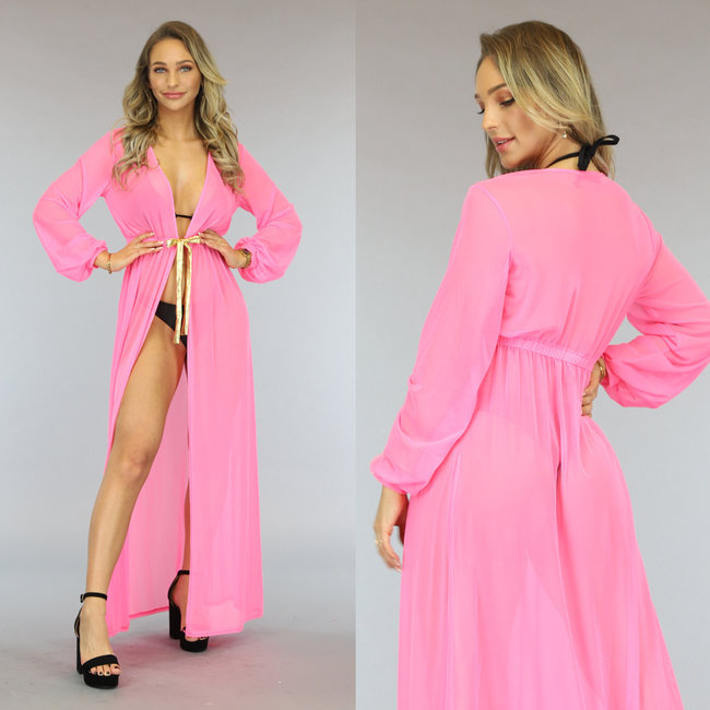 Neonpink Durchsichtiger Kimono mit Goldband