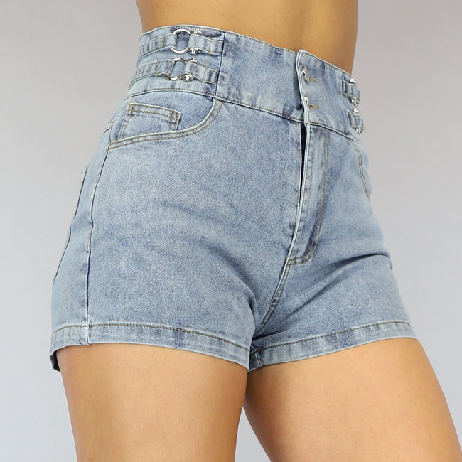 Hochtaillierte Stretch-Denim-Shorts mit silbernen Details