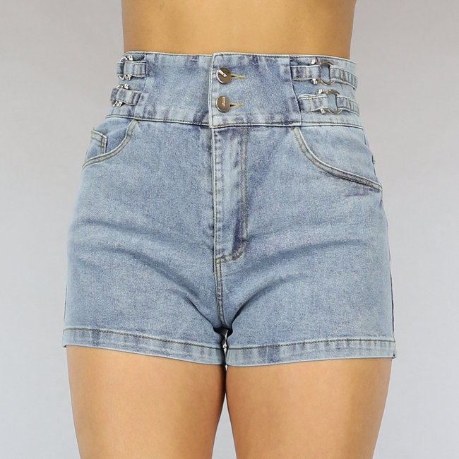 Hochtaillierte Stretch-Denim-Shorts mit silbernen Details