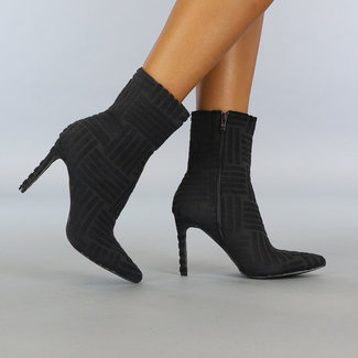 Schwarze Stiletto-Stiefel mit Samt-Muster