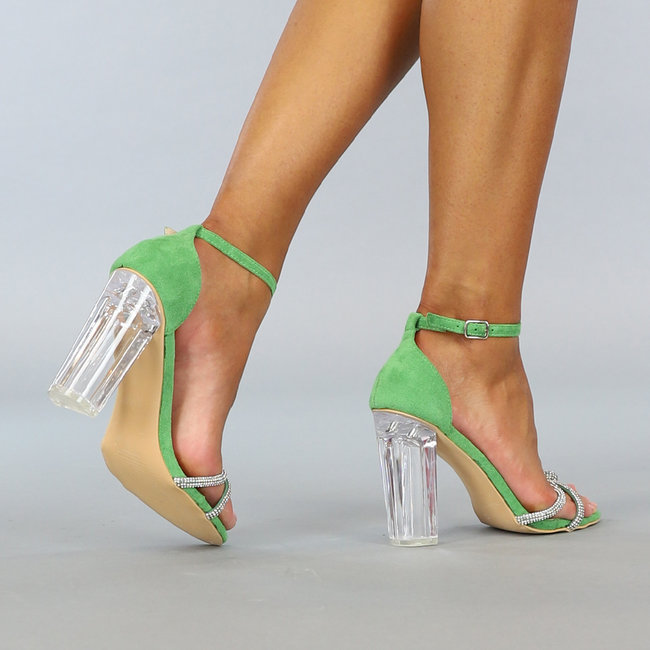 Grüne Strass-Sandalen mit durchsichtigem Absatz