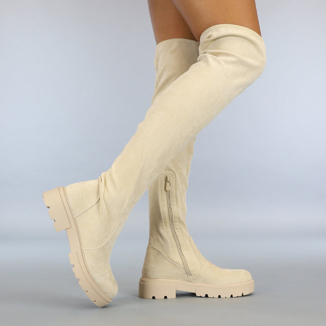 Beige Overknee-Stiefel in Wildlederoptik mit Reißverschluss