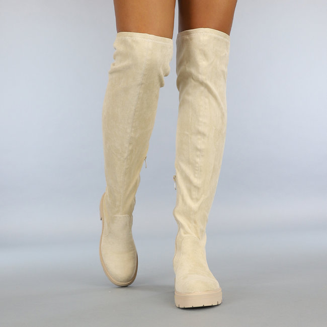 Beige Overknee-Stiefel in Wildlederoptik mit Reißverschluss