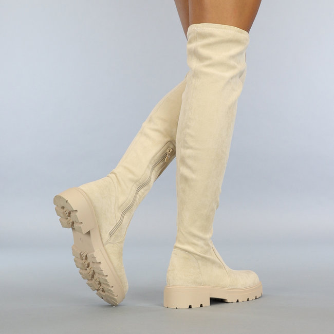 Beige Overknee-Stiefel in Wildlederoptik mit Reißverschluss