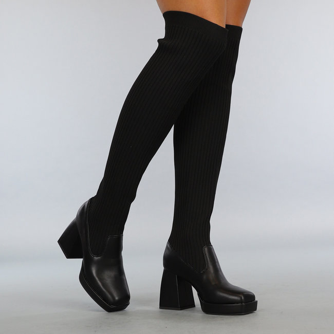 Schwarze Overknee-Stiefel mit dickem Absatz und Details aus Stoff
