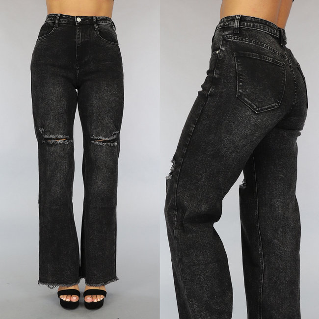 Dunkelgraue gewaschene Straight Leg Jeans mit Rissen