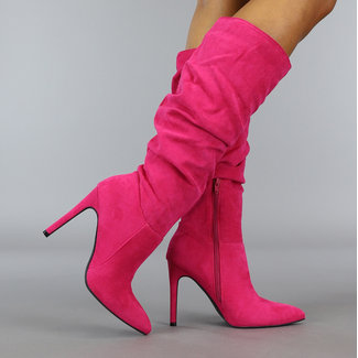 BF2023 Fuchsia Faltenstiefel mit Stilettoabsatz