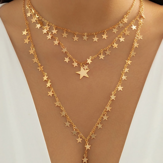 SALE50 Goldfarbene Dreifach-Stern-Halskette