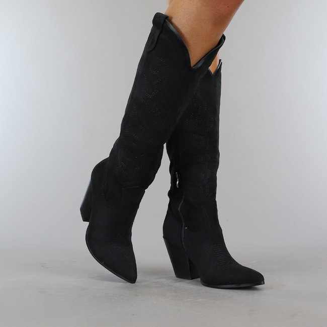 Schwarze Cowboystiefel aus Wildleder mit klobigem Absatz