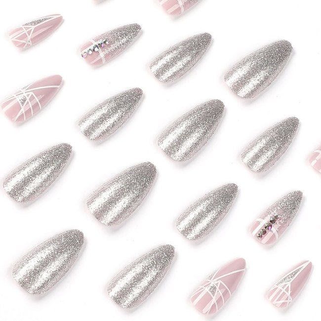 Silber/Nude Glitter Fake Nails mit Linien