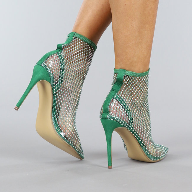 Grüne spitze Glam-Stiefeletten mit Stilettoabsatz und Strass