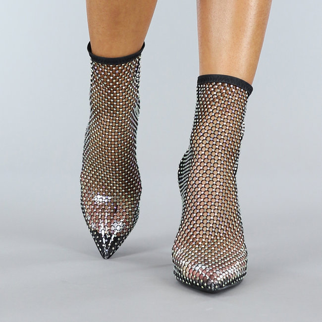 Schwarze spitze Glam-Stiefeletten mit Stilettoabsatz und Strass