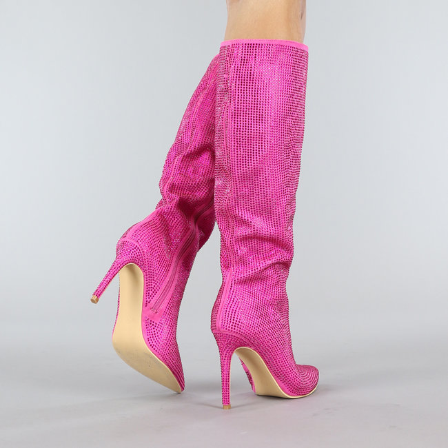 Lange Fuchsia Glitzerstiefel mit Stilettoabsatz