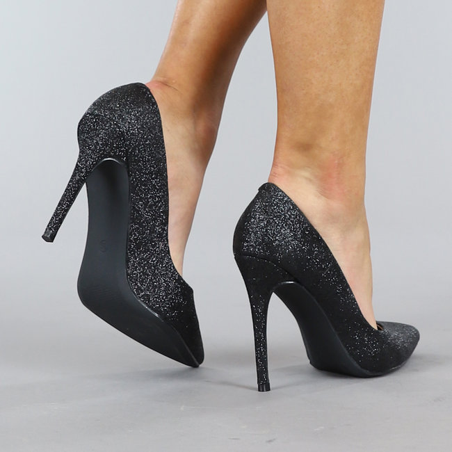 Schwarze spitze Glitzerpumps mit Stilettoabsatz