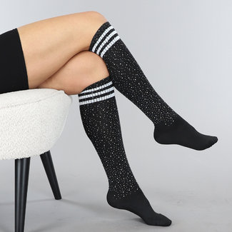 TERUG Schwarze Strass-Socken mit weißen Streifen