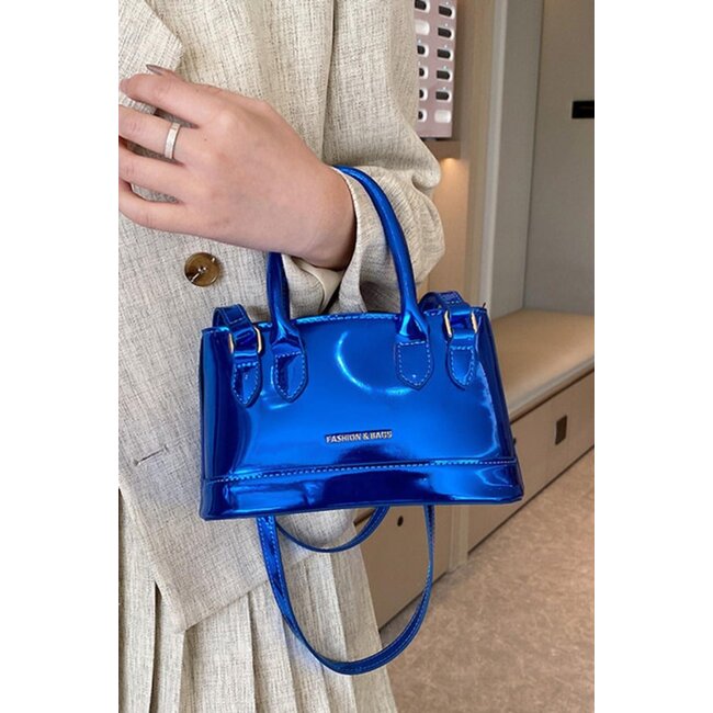 Kleine blaue Metallic-Tasche mit doppeltem Henkel