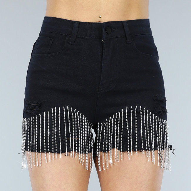 Schwarze Glitzerfransen-Shorts