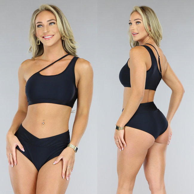 Schwarzes One-Shoulder-Bikini-Oberteil mit Ausschnitt