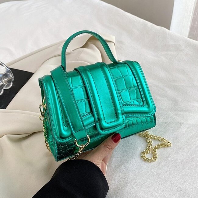 Grüne Mini-Metallic-Kroko-Tasche mit Kettenriemen