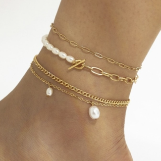 BF2023 Vierteiliges goldenes Knöchelarmband-Set mit Perlen