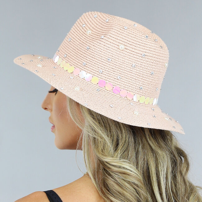 Rosa Hut mit Perlen und Strasssteinen