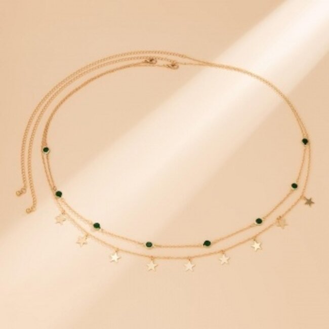 Goldene Hüftkette mit Sternen und grünen Steinen