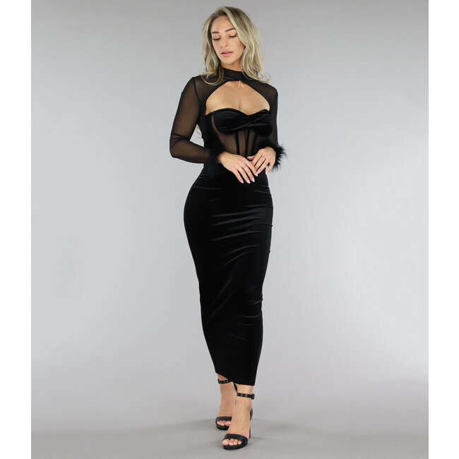 Schwarzes Samtkleid im Korsett-Look mit Federn