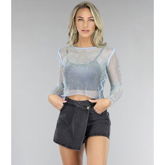 Blaues Langarm-Top mit Netzstrass