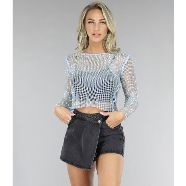 Blaues Langarm-Top mit Netzstrass