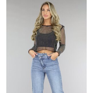 NEW1406 Schwarzes Langarm-Top mit Netzstrass