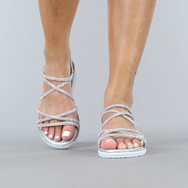 Silberne Strass-Glitzer-Sandalen mit elastischem Fersenriemen