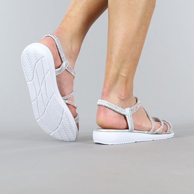Silberne Strass-Glitzer-Sandalen mit elastischem Fersenriemen