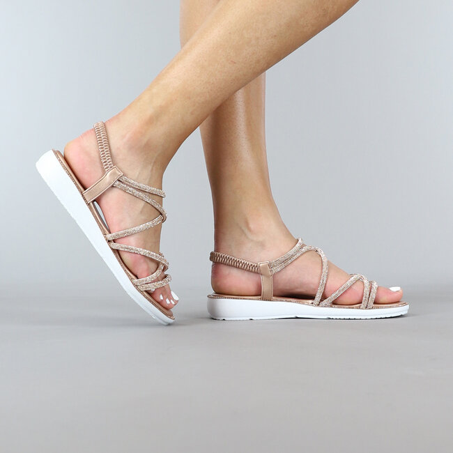 Rosa-goldene Strass-Glitzer-Sandalen mit elastischem Fersenriemen